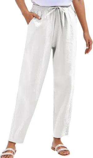 Pants for Women Cotton Linen Casual Summer 2025 Straight Wide Leg Loose Drawstring Elastic Waist Linen Trouser