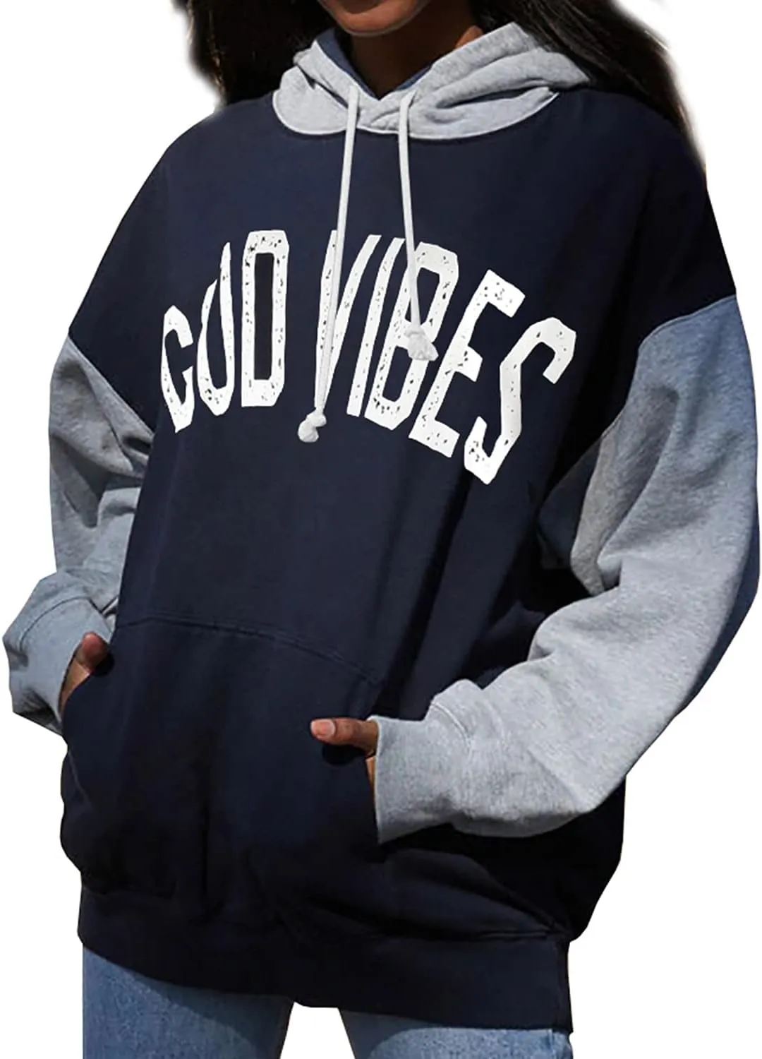 PESION Womens Pullover Hoodies Oversized Graphic Color Block Novelty Hoodie Sweatshirts with Pockets