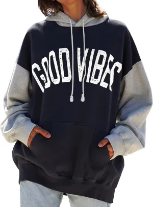 PESION Womens Pullover Hoodies Oversized Graphic Color Block Novelty Hoodie Sweatshirts with Pockets