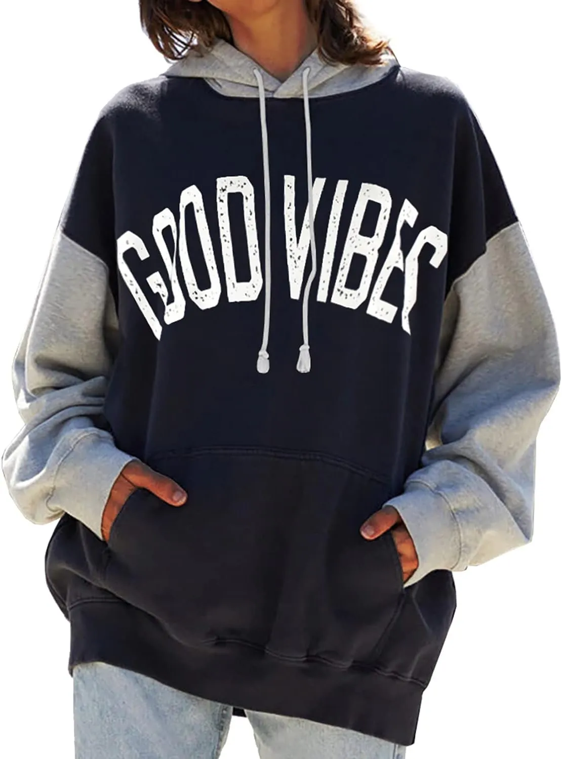 PESION Womens Pullover Hoodies Oversized Graphic Color Block Novelty Hoodie Sweatshirts with Pockets