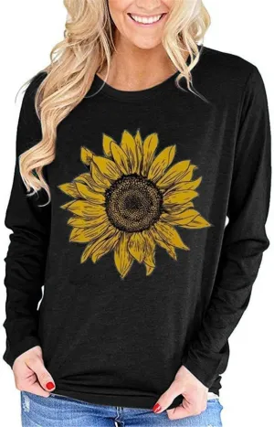 Pfvkeree Women's Sunflower Graphic T Shirt Cute Funny Long Sleeve Casual Cotton Tee Tops
