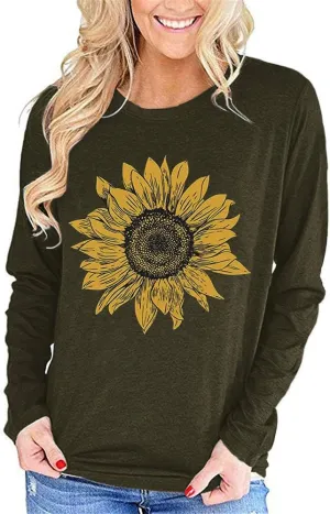 Pfvkeree Women's Sunflower Graphic T Shirt Cute Funny Long Sleeve Casual Cotton Tee Tops