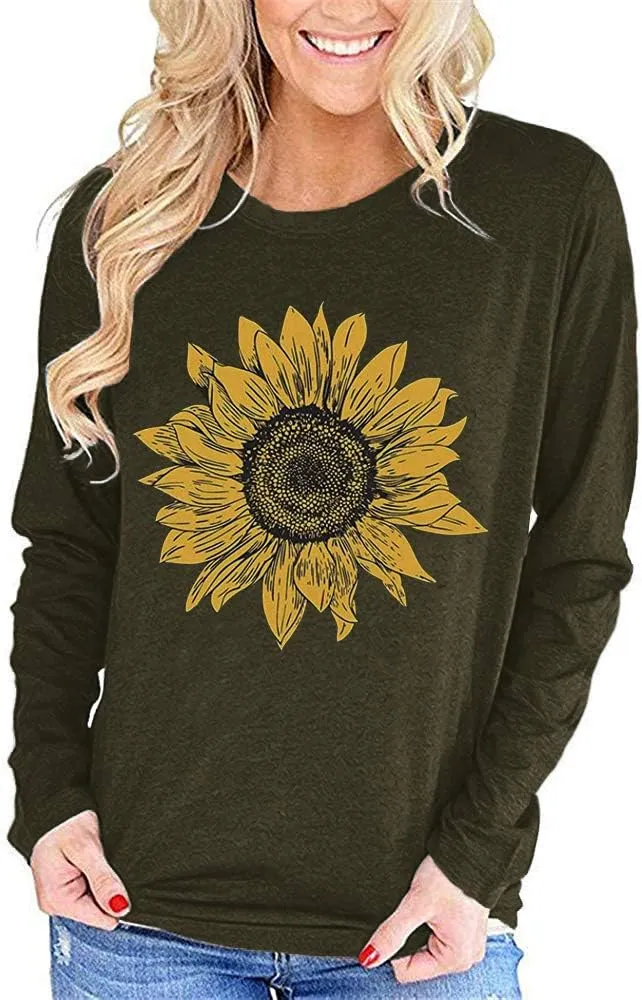Pfvkeree Women's Sunflower Graphic T Shirt Cute Funny Long Sleeve Casual Cotton Tee Tops