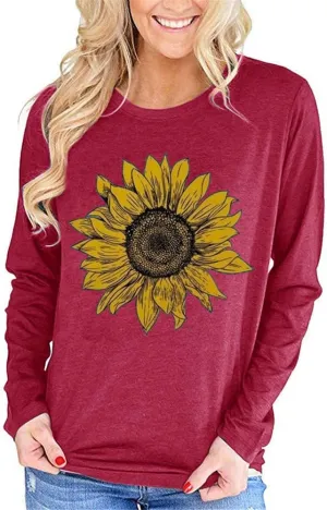 Pfvkeree Women's Sunflower Graphic T Shirt Cute Funny Long Sleeve Casual Cotton Tee Tops