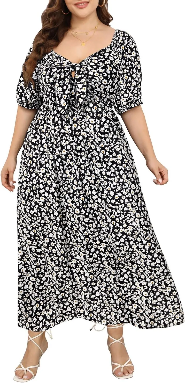 Pinup Fashion Women 2024 Plus Size Summer Casual Maxi Dress Tie Front Short Sleeve Beach Long Dresses