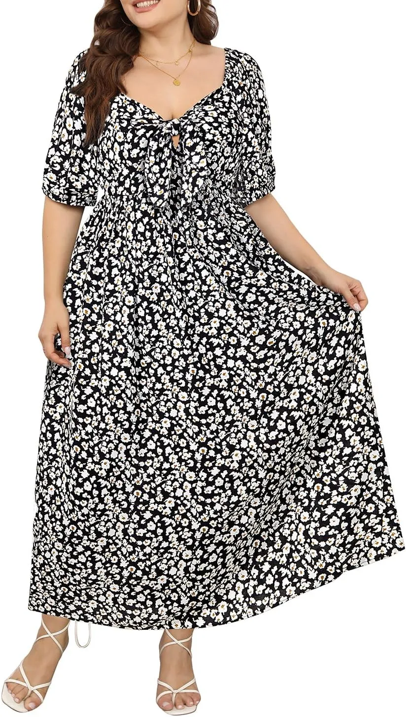 Pinup Fashion Women 2024 Plus Size Summer Casual Maxi Dress Tie Front Short Sleeve Beach Long Dresses