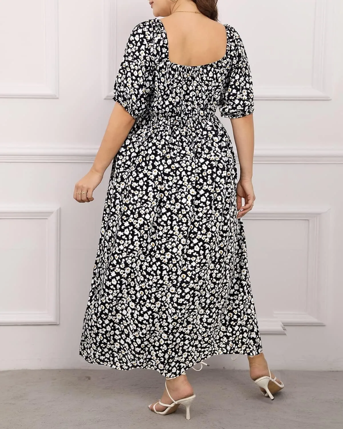 Pinup Fashion Women 2024 Plus Size Summer Casual Maxi Dress Tie Front Short Sleeve Beach Long Dresses
