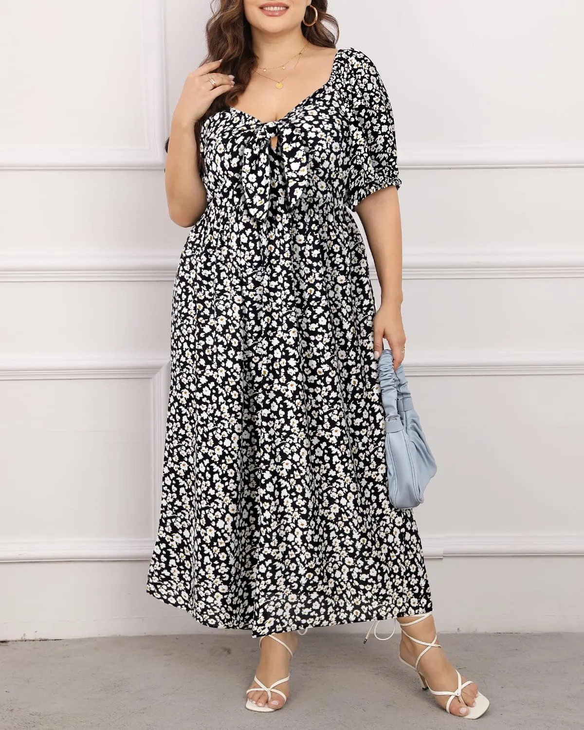 Pinup Fashion Women 2024 Plus Size Summer Casual Maxi Dress Tie Front Short Sleeve Beach Long Dresses