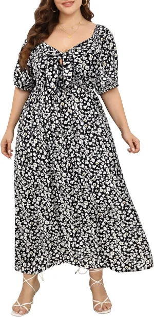 Pinup Fashion Women 2024 Plus Size Summer Casual Maxi Dress Tie Front Short Sleeve Beach Long Dresses