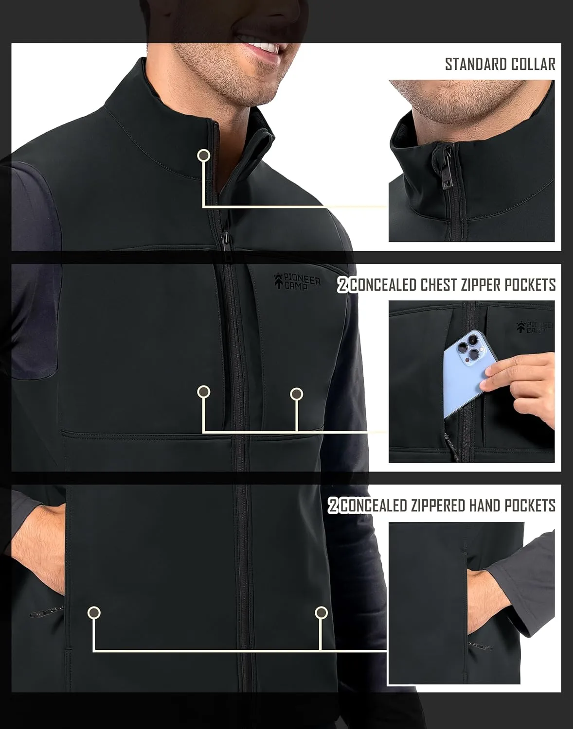 Pioneer Camp Mens Outerwear Golf Softshell Vest Windproof Fleece-Lined Lightweight Sleeveless Jacket for Travel Hiking