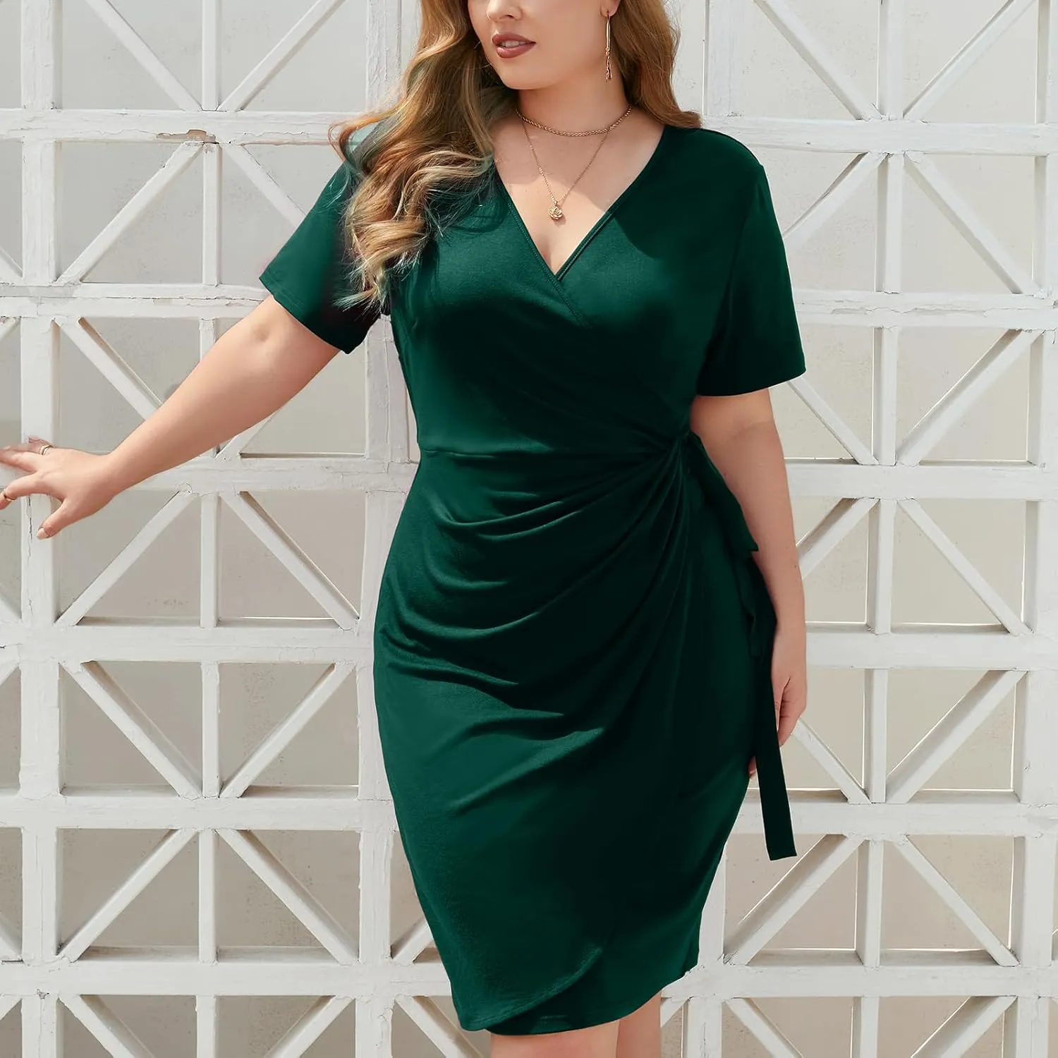 Plus Size Dresses for Curvy Women V-Neck Short Sleeve Bodycon Wrap Cocktail Party Semi Formal Midi Dress