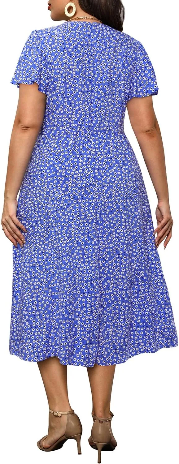 Plus Size Summer Dresses - Casual Work Boho Button Front Floral Midi Dress with Pockets