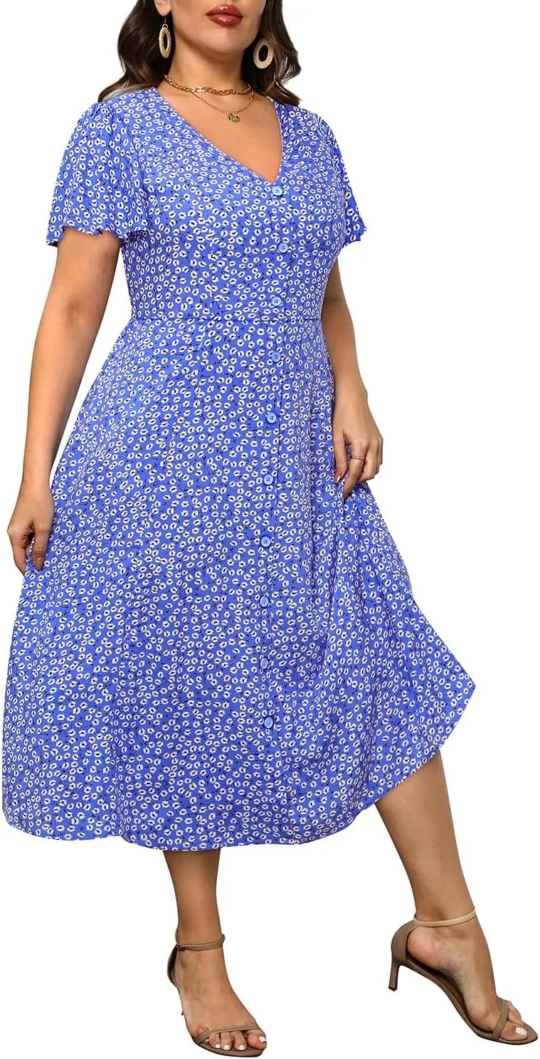 Plus Size Summer Dresses - Casual Work Boho Button Front Floral Midi Dress with Pockets