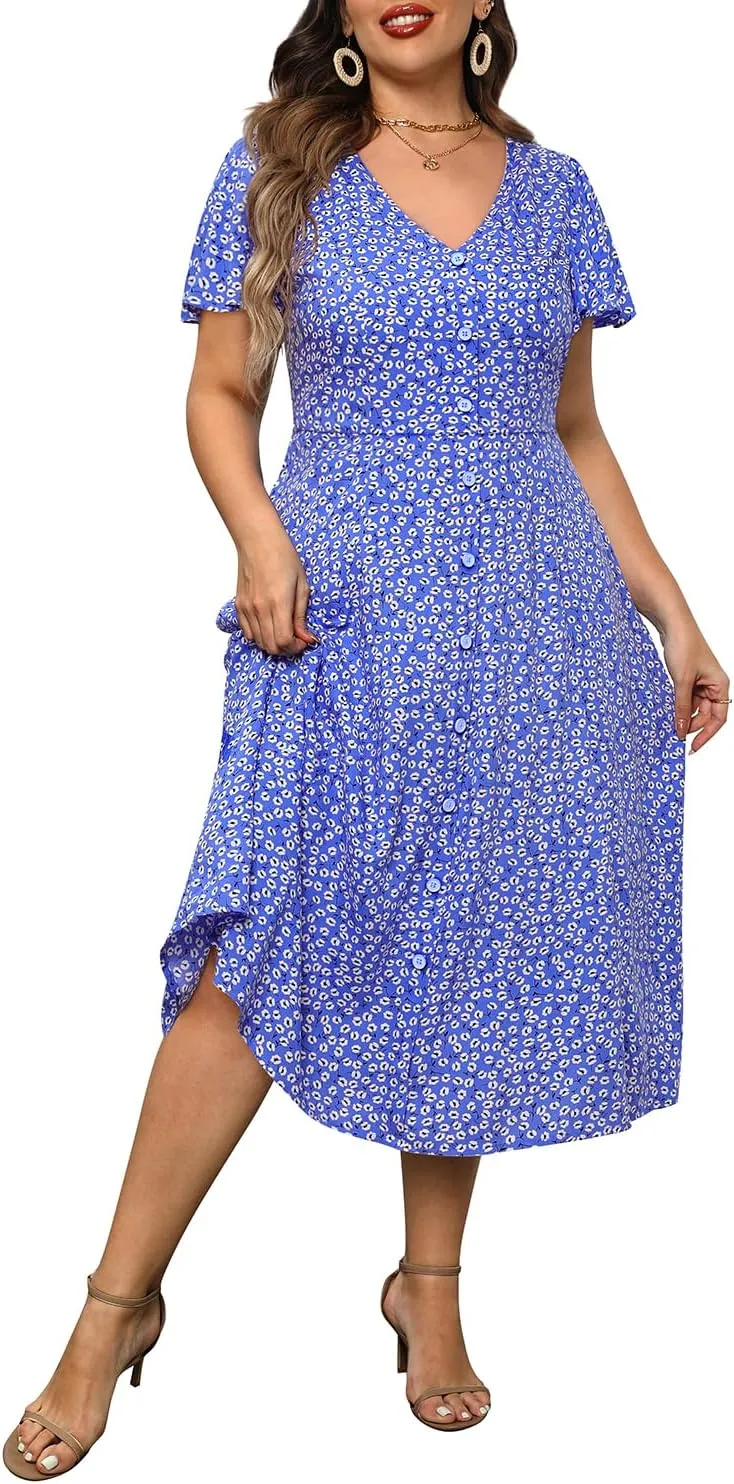 Plus Size Summer Dresses - Casual Work Boho Button Front Floral Midi Dress with Pockets