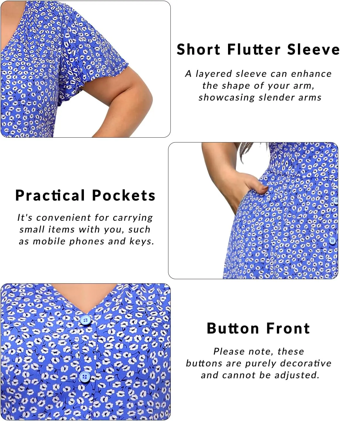 Plus Size Summer Dresses - Casual Work Boho Button Front Floral Midi Dress with Pockets