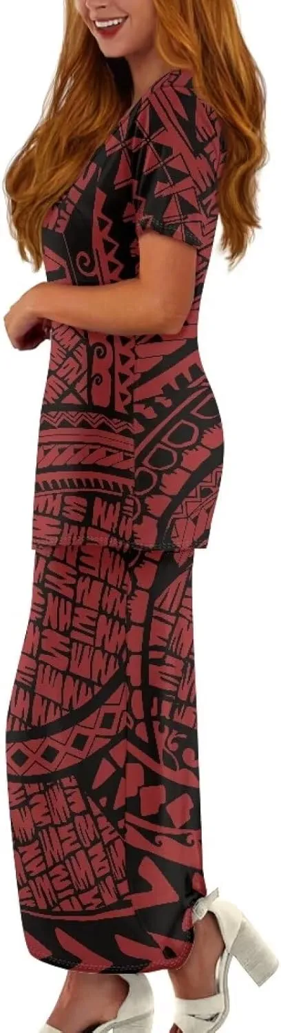 Polynesian Tribal Tapa Totem Summer Crew Neck Long Skirt Dress Set Women Island Short Sleeves Set Maxi Dress