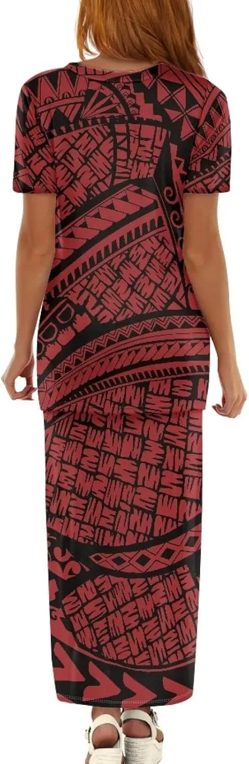 Polynesian Tribal Tapa Totem Summer Crew Neck Long Skirt Dress Set Women Island Short Sleeves Set Maxi Dress
