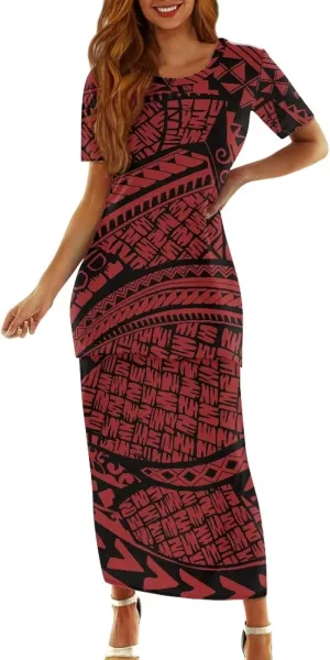 Polynesian Tribal Tapa Totem Summer Crew Neck Long Skirt Dress Set Women Island Short Sleeves Set Maxi Dress