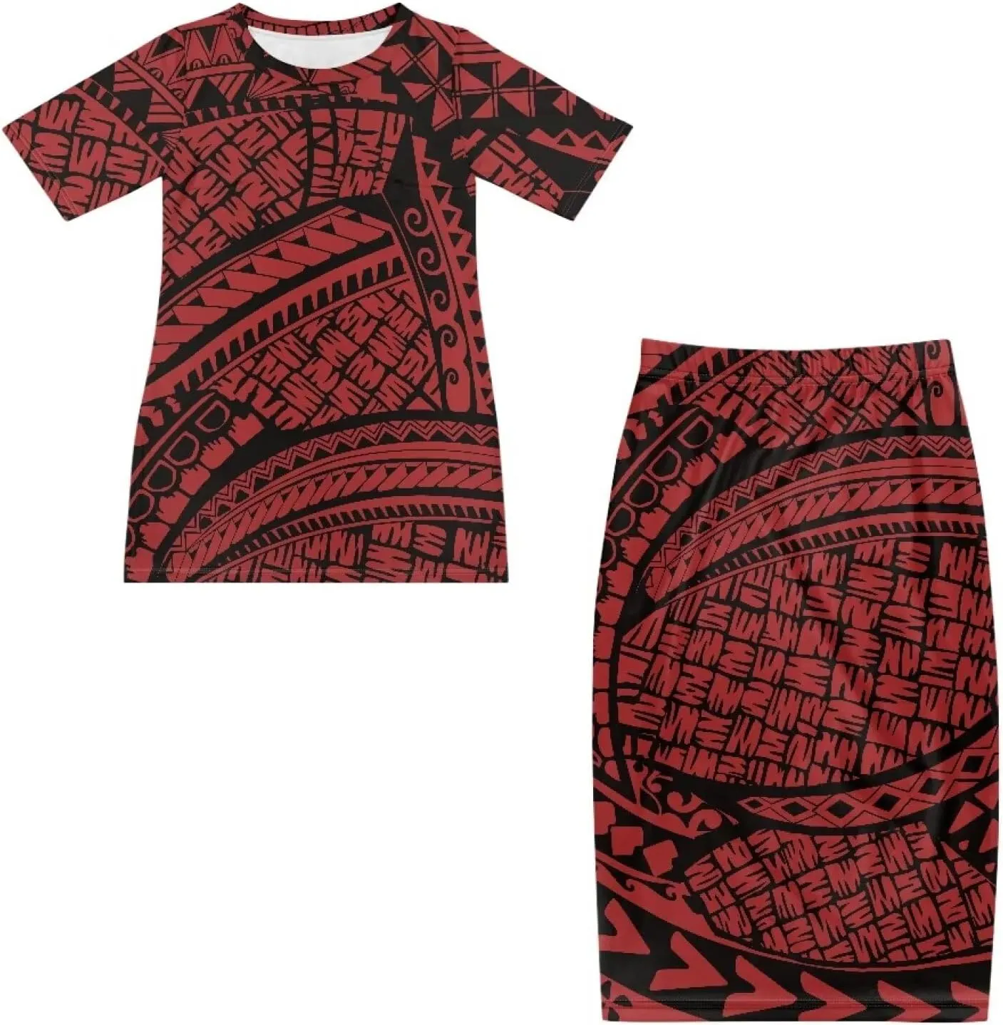 Polynesian Tribal Tapa Totem Summer Crew Neck Long Skirt Dress Set Women Island Short Sleeves Set Maxi Dress