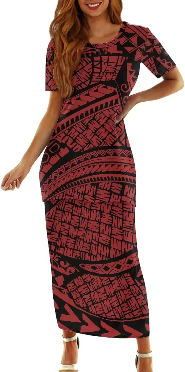 Polynesian Tribal Tapa Totem Summer Crew Neck Long Skirt Dress Set Women Island Short Sleeves Set Maxi Dress