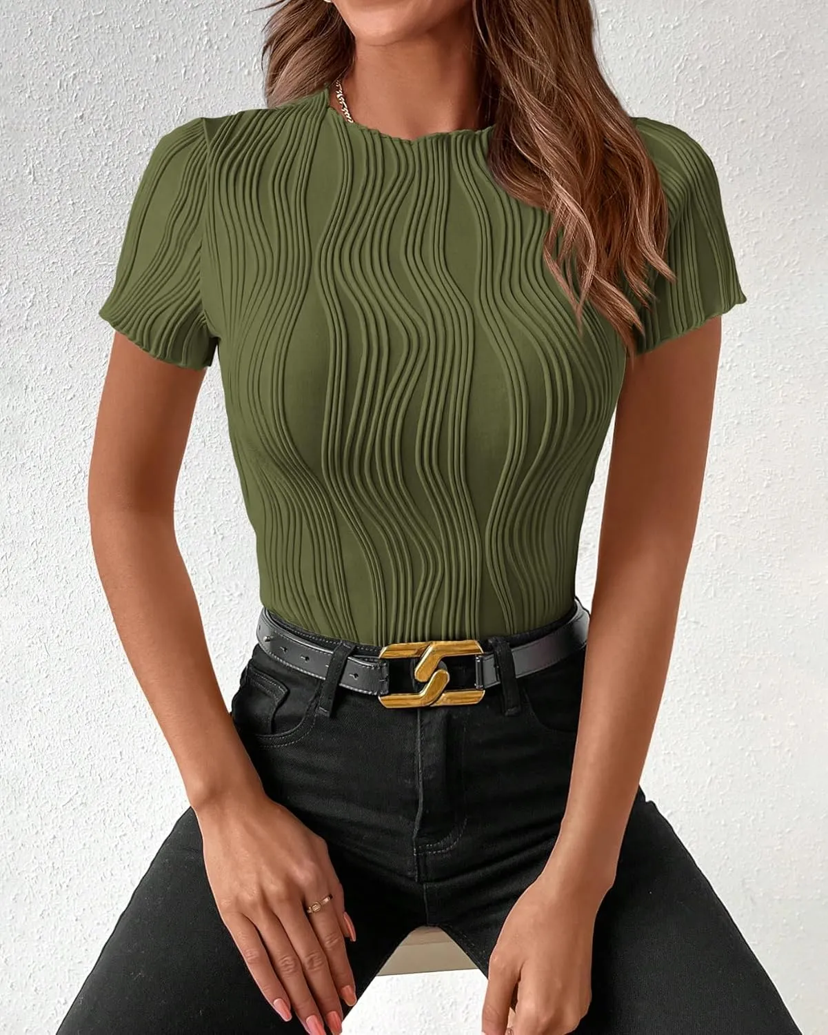 PRETTYGARDEN Women's Summer Tops 2025 Casual Short Sleeve Crewneck Slim Fit T Shirts Basic Knit Y2K Top Textured Blouse