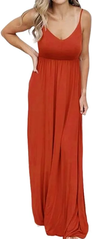 PRIMODA Women's Summer Casual Sleeveless V Neck Adjustable Spaghetti Strap Maxi Long Dress