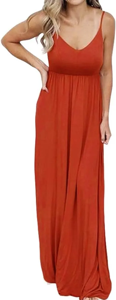 PRIMODA Women's Summer Casual Sleeveless V Neck Adjustable Spaghetti Strap Maxi Long Dress