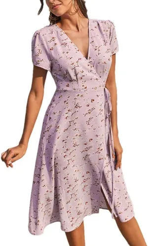 Printed Dress for Women Bodycon Tie Back Short Lantern Sleeve Square Neck Ruffle Elastic Waist Mini Floral