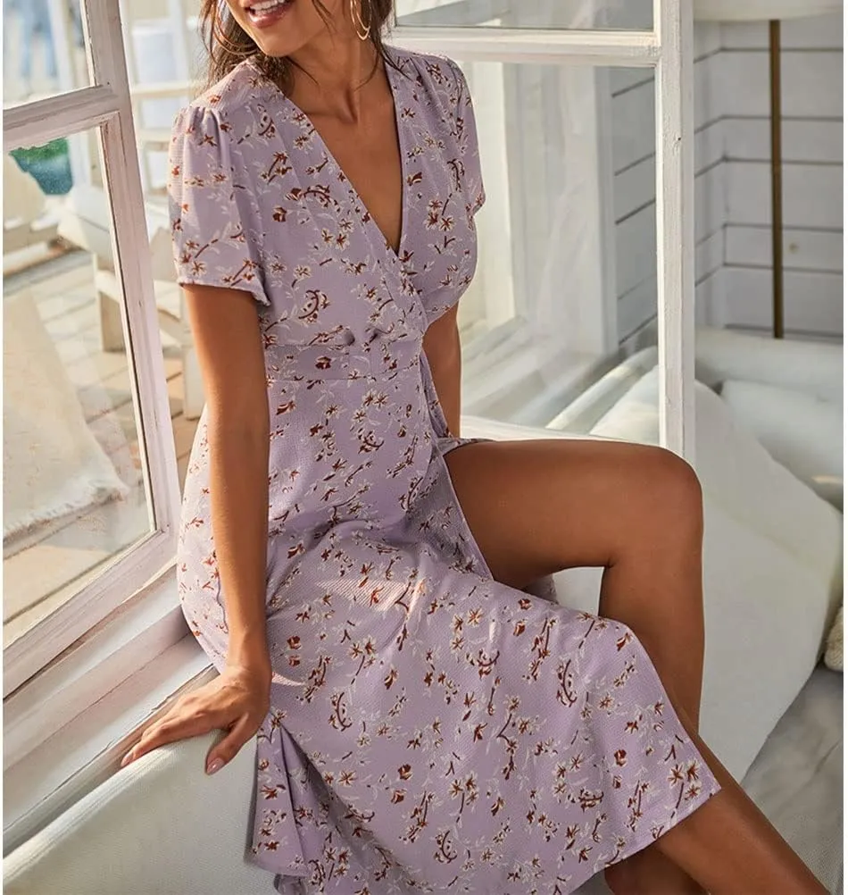 Printed Dress for Women Bodycon Tie Back Short Lantern Sleeve Square Neck Ruffle Elastic Waist Mini Floral