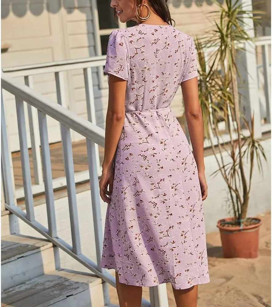 Printed Dress for Women Bodycon Tie Back Short Lantern Sleeve Square Neck Ruffle Elastic Waist Mini Floral