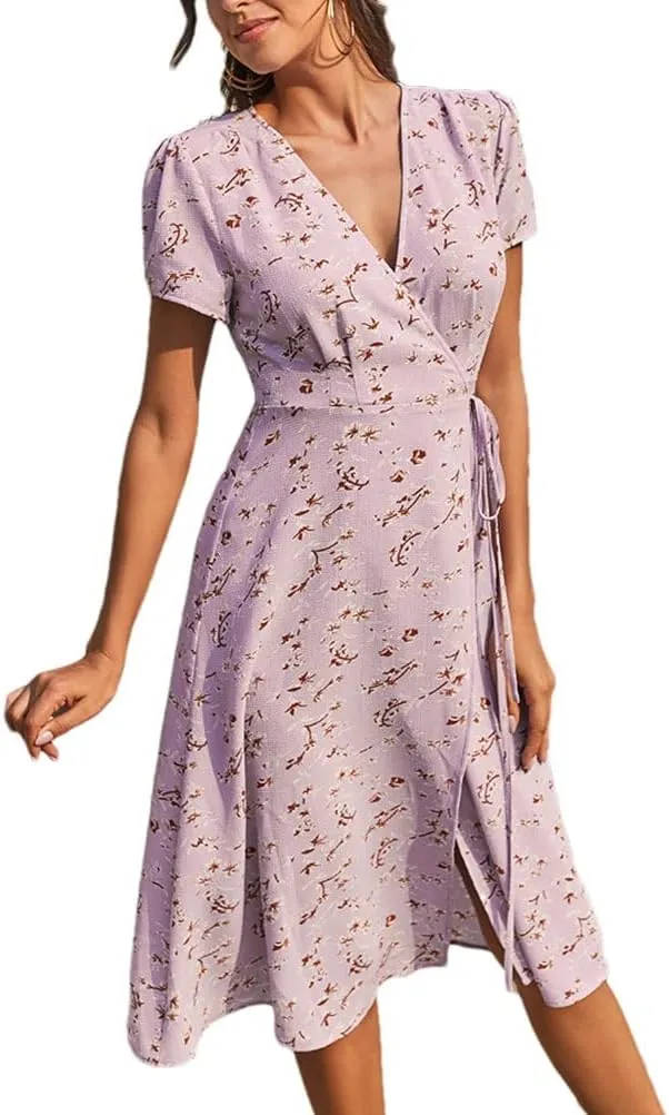 Printed Dress for Women Bodycon Tie Back Short Lantern Sleeve Square Neck Ruffle Elastic Waist Mini Floral