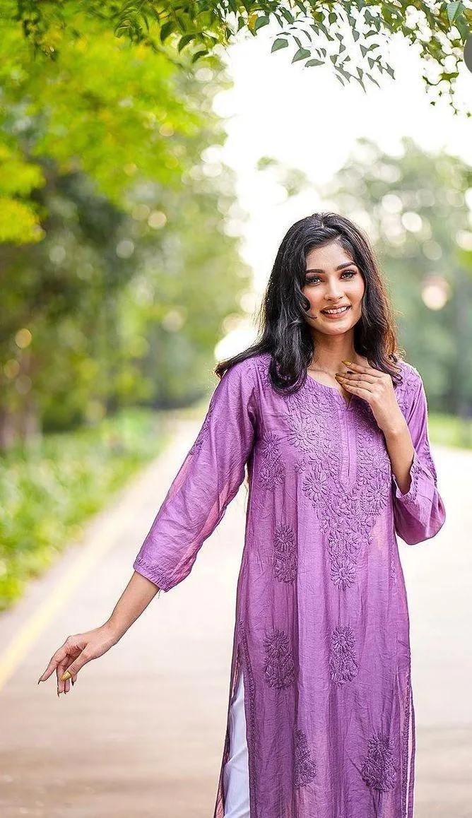 Purple Regal Radiance Chanderi Silk Kurti and Stretchable Pant Set