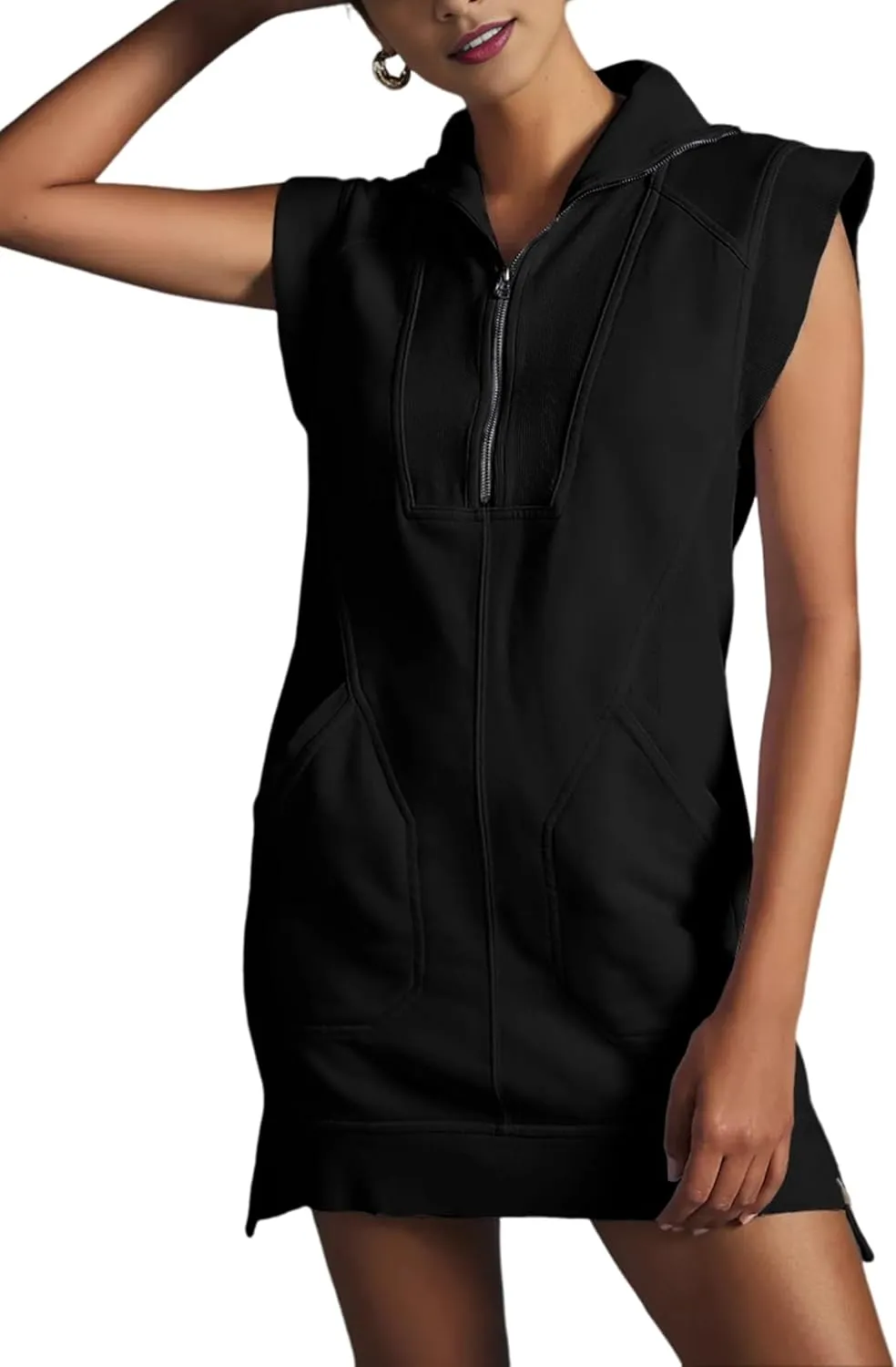 Qiaomai Womens Half Zip Sweatshirt Dresses Summer V Neck Sleeveless Pullover Tunic Tops Mini Dress