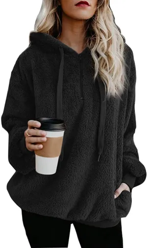 ReachMe Womens Oversized Sherpa Pullover Hoodie with Pockets Fuzzy Fleece Sweatshirt Plaid Fluffy Jacket Coat
