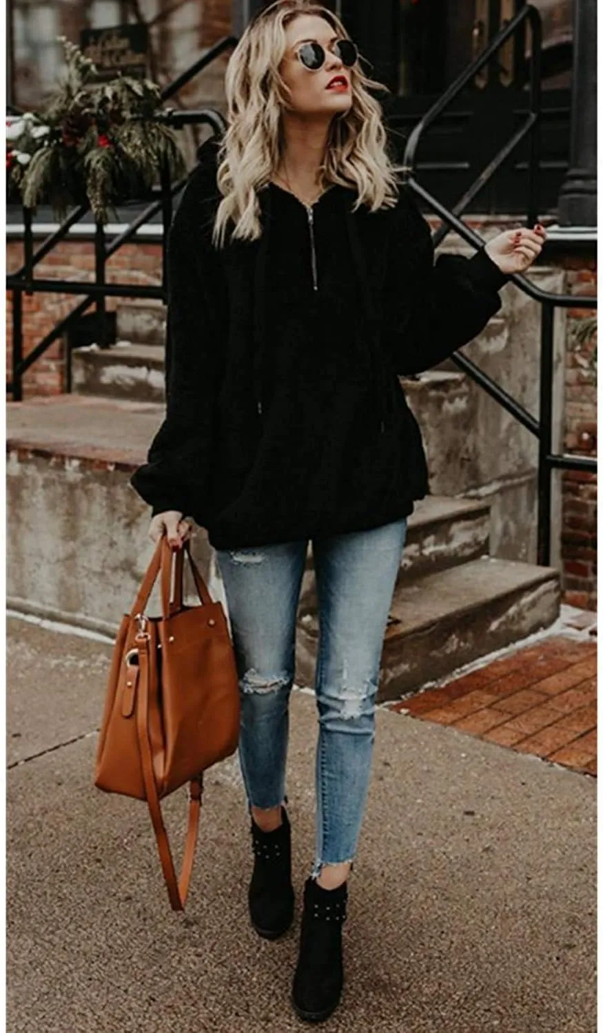 ReachMe Womens Oversized Sherpa Pullover Hoodie with Pockets Fuzzy Fleece Sweatshirt Plaid Fluffy Jacket Coat