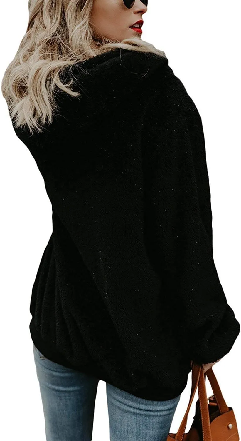 ReachMe Womens Oversized Sherpa Pullover Hoodie with Pockets Fuzzy Fleece Sweatshirt Plaid Fluffy Jacket Coat