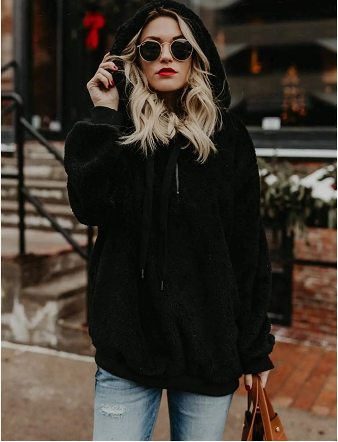 ReachMe Womens Oversized Sherpa Pullover Hoodie with Pockets Fuzzy Fleece Sweatshirt Plaid Fluffy Jacket Coat