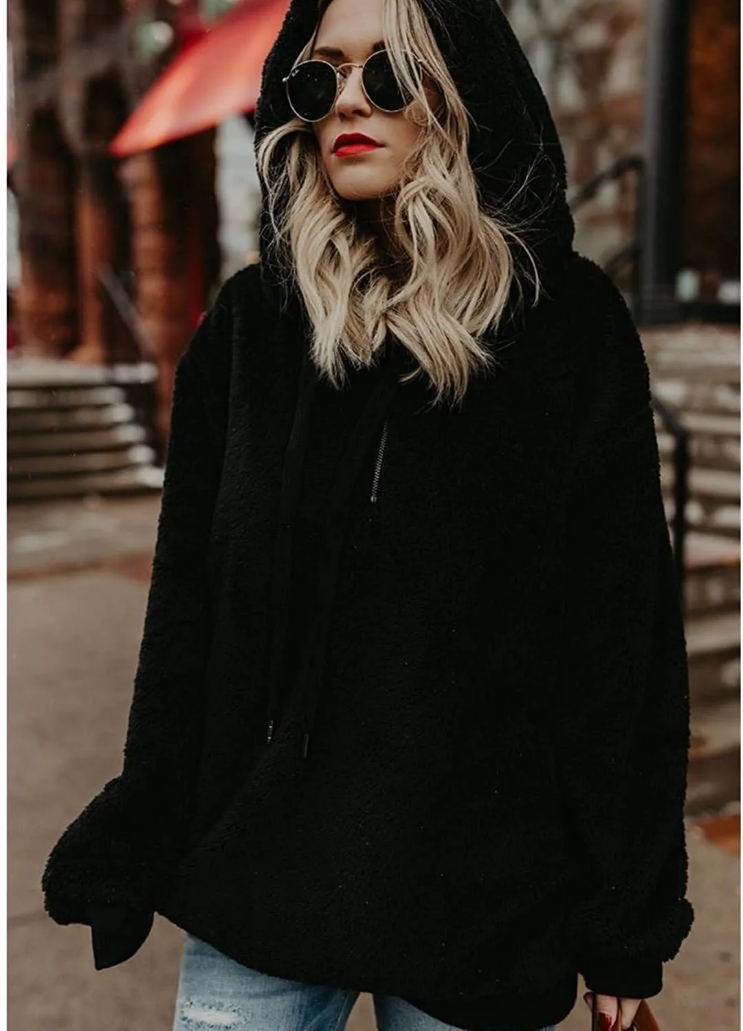 ReachMe Womens Oversized Sherpa Pullover Hoodie with Pockets Fuzzy Fleece Sweatshirt Plaid Fluffy Jacket Coat