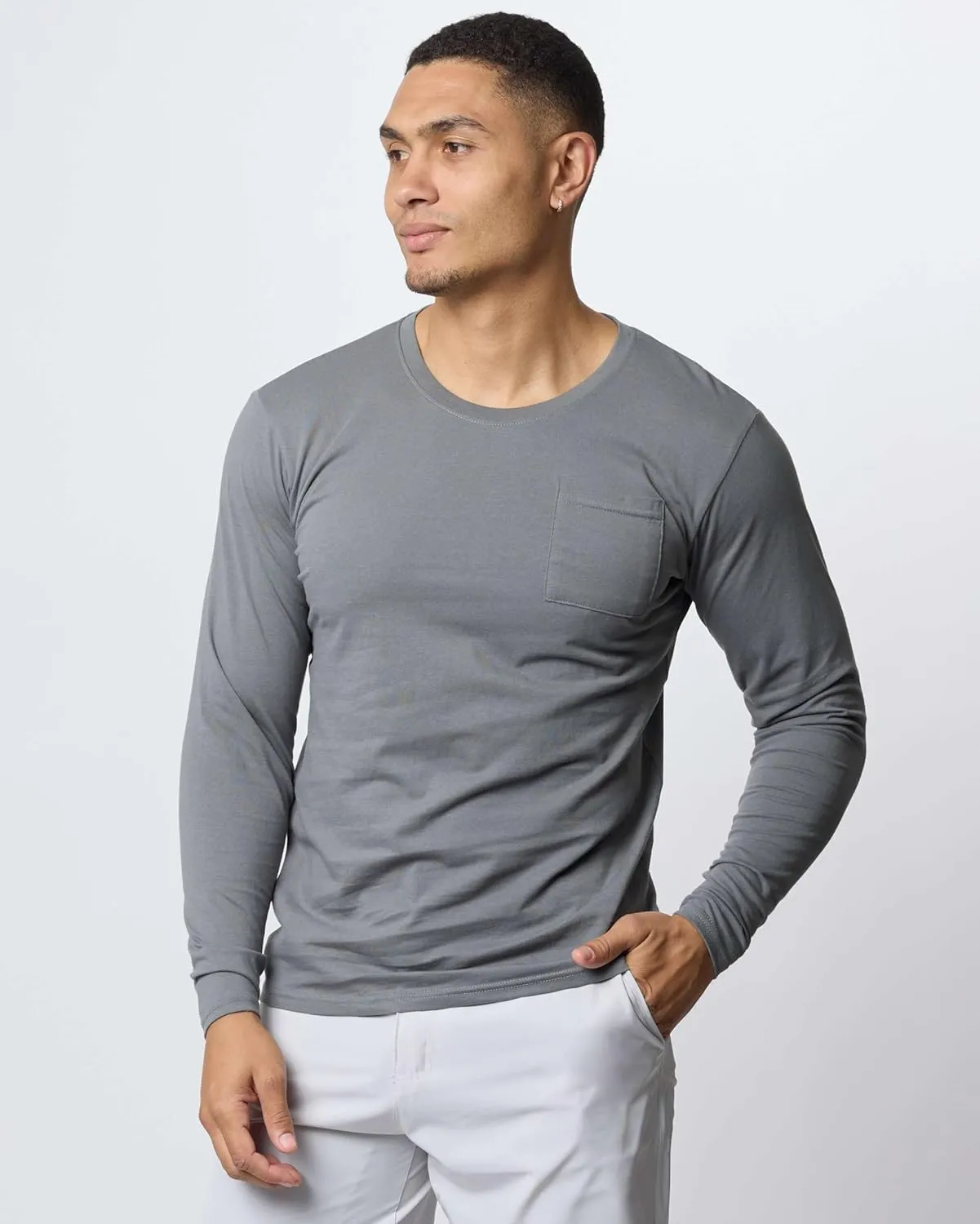 Real Essentials 3 Pack: Men's Cotton Performance Long Sleeve Crew Neck Pocket T-Shirt Athletic Top (Available in Big & Tall)