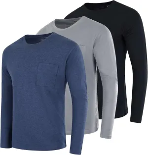 Real Essentials 3 Pack: Men's Cotton Performance Long Sleeve Crew Neck Pocket T-Shirt Athletic Top (Available in Big & Tall)