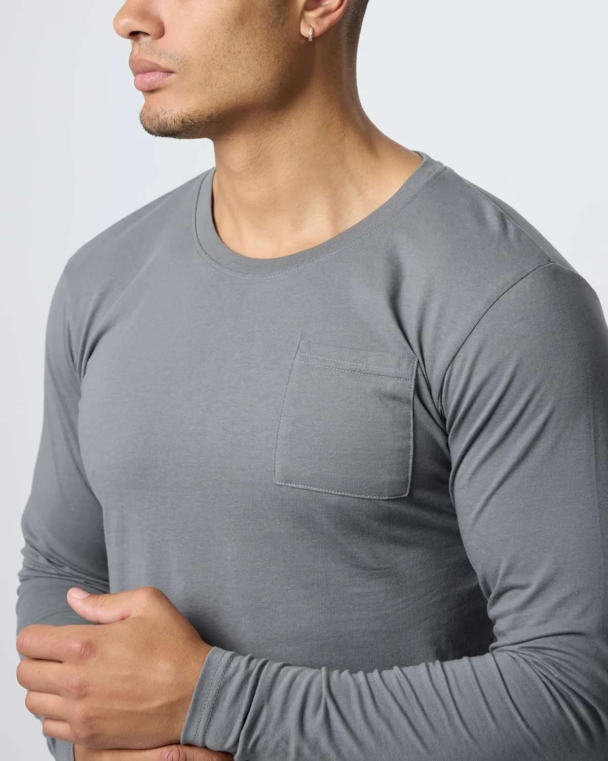 Real Essentials 3 Pack: Men's Cotton Performance Long Sleeve Crew Neck Pocket T-Shirt Athletic Top (Available in Big & Tall)