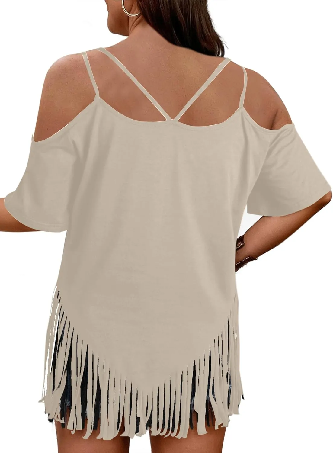 Remidoo Fringe Tops for Womens Bell Short Sleeve Sexy V Neck Oversized T Shirt