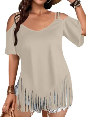 Remidoo Fringe Tops for Womens Bell Short Sleeve Sexy V Neck Oversized T Shirt