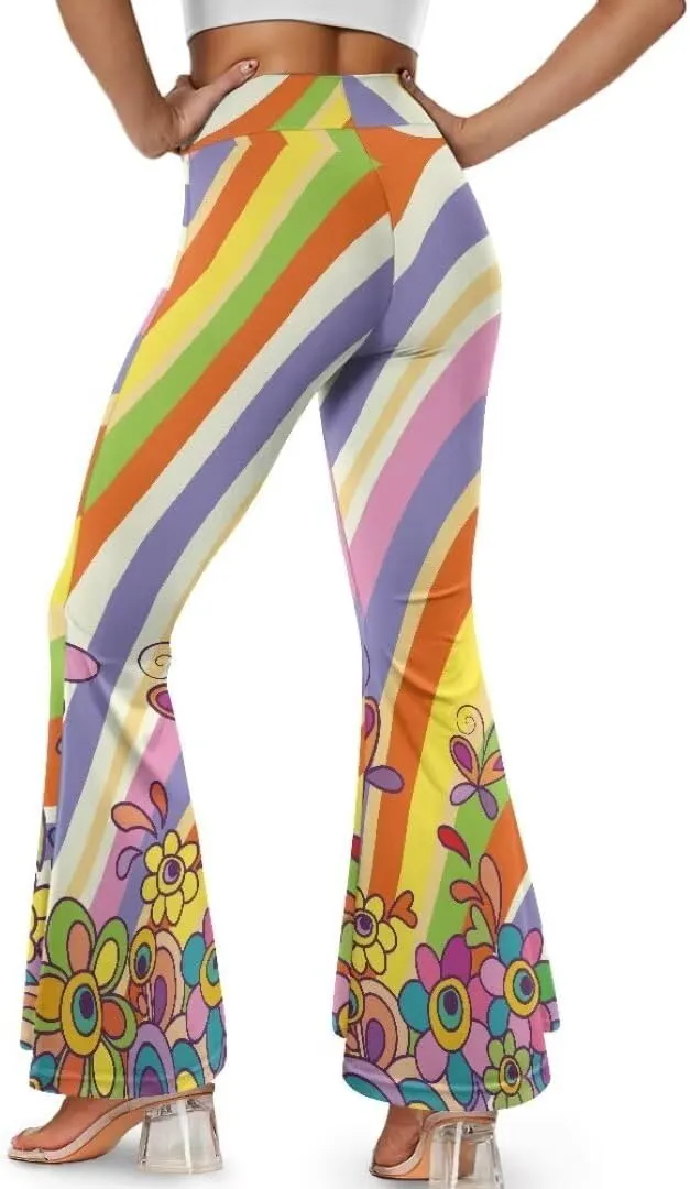 Retro Floral Women's High Waisted Slit Flared Leggings Tummy Control Yoga Pants Bell Bottom Trousers Plus Size Pants