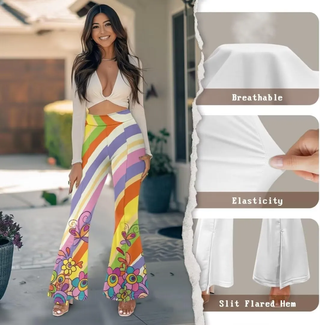 Retro Floral Women's High Waisted Slit Flared Leggings Tummy Control Yoga Pants Bell Bottom Trousers Plus Size Pants