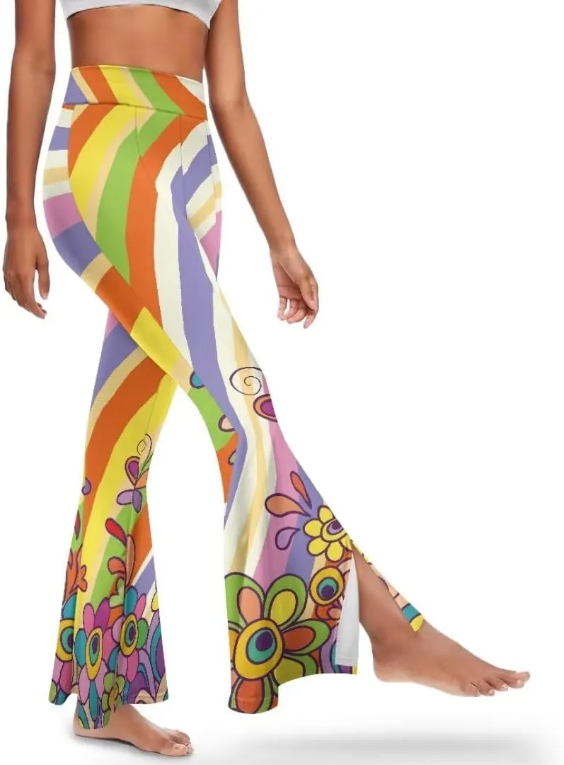 Retro Floral Women's High Waisted Slit Flared Leggings Tummy Control Yoga Pants Bell Bottom Trousers Plus Size Pants
