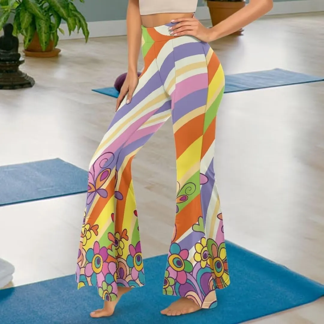 Retro Floral Women's High Waisted Slit Flared Leggings Tummy Control Yoga Pants Bell Bottom Trousers Plus Size Pants