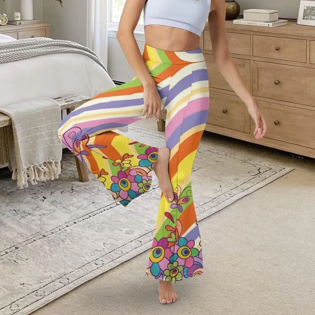 Retro Floral Women's High Waisted Slit Flared Leggings Tummy Control Yoga Pants Bell Bottom Trousers Plus Size Pants