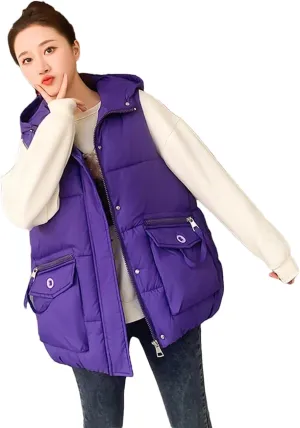 Rfmfkkg Women Solid Loose Vest Big Pocket Hooded Vest Jacket Cotton Padded Warm Waistcoat