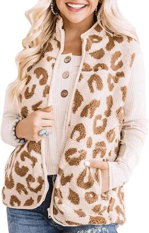 RINTONIX Womens Sleeveless Zip Up Fuzzy Leopard Sherpa Vest Coat with Pocket Cheetah Polar Fleece Zipper Vest Cardigan